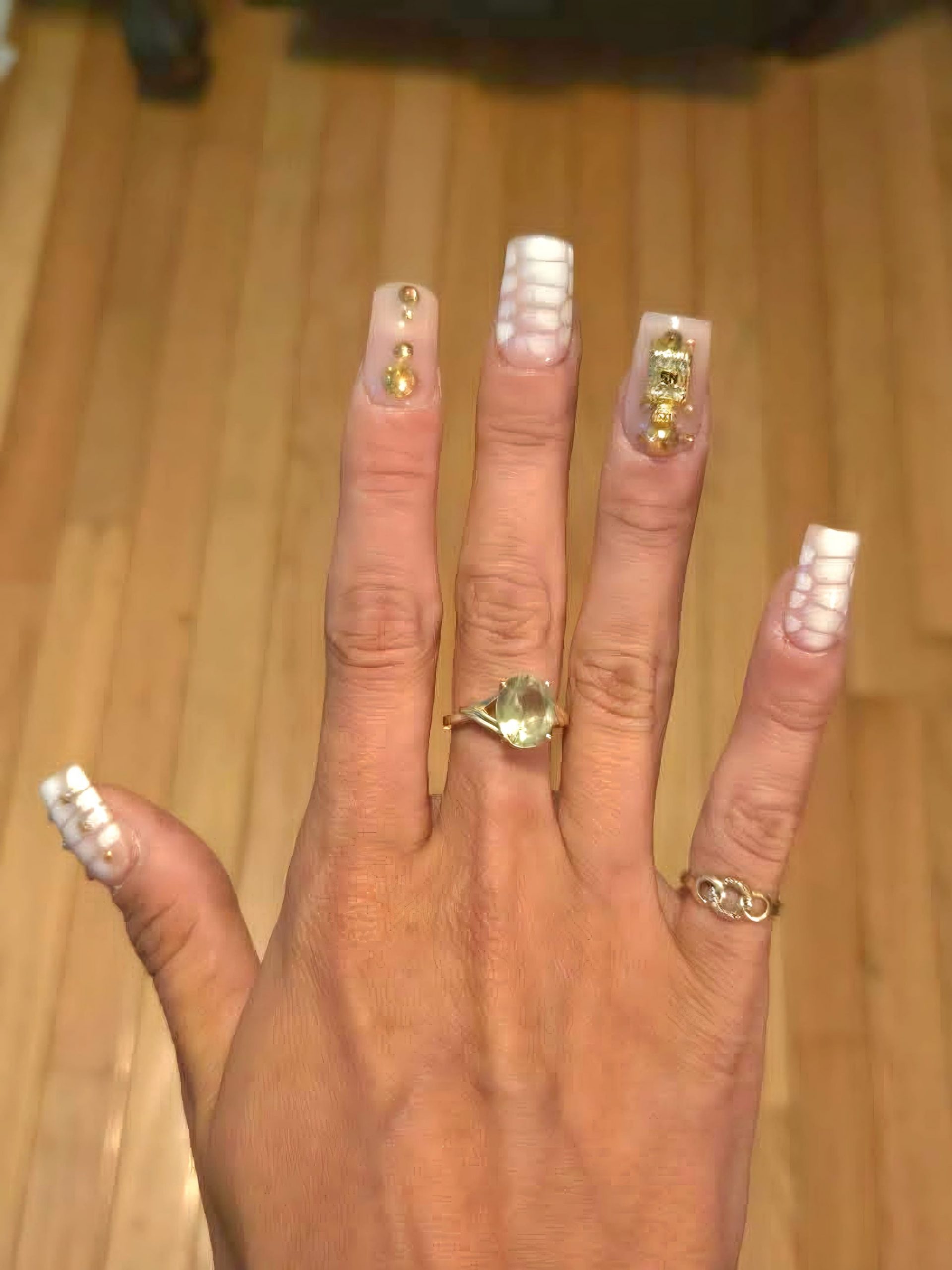 Marble White French Gold Charm Long Square Nails Marble White French Gold Charm Long Square Nails — Date Night Nails 2027