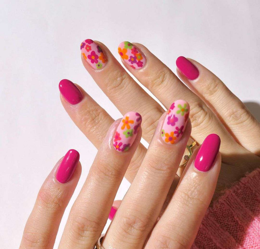 Bright Pink with Floral Pattern Accents Bright Pink with Floral Pattern Accents — Professional Nails 2027