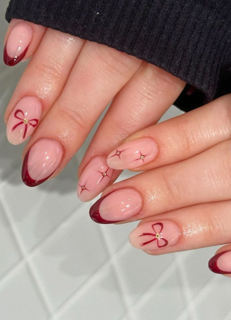 Red Bow Gold Stud French Tips Red Bow Gold Stud French Tips — Small Bow Nails 2027