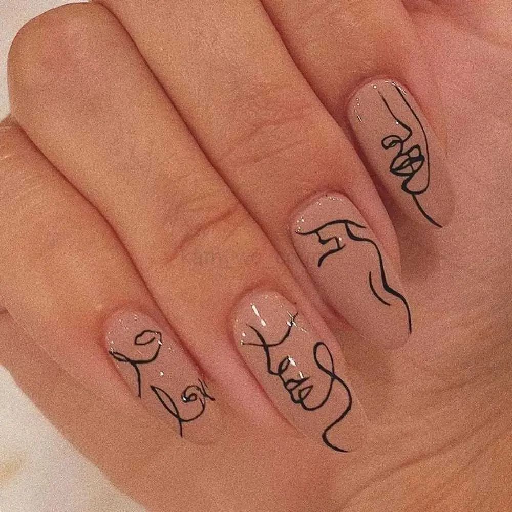 Medium Square Sheer Nude Face Line Art Medium Square Sheer Nude Face Line Art — Minimal Line Art Nails 2027