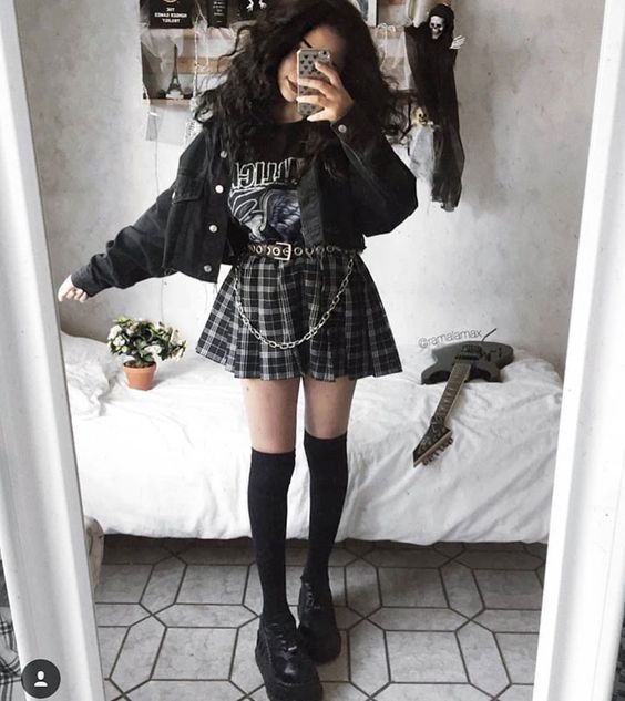 Denim Jacket and Plaid Skirt: Essential Emo Casual Uniform Denim Jacket and Plaid Skirt: Essential Emo Casual Uniform — Emo Outfits 2027