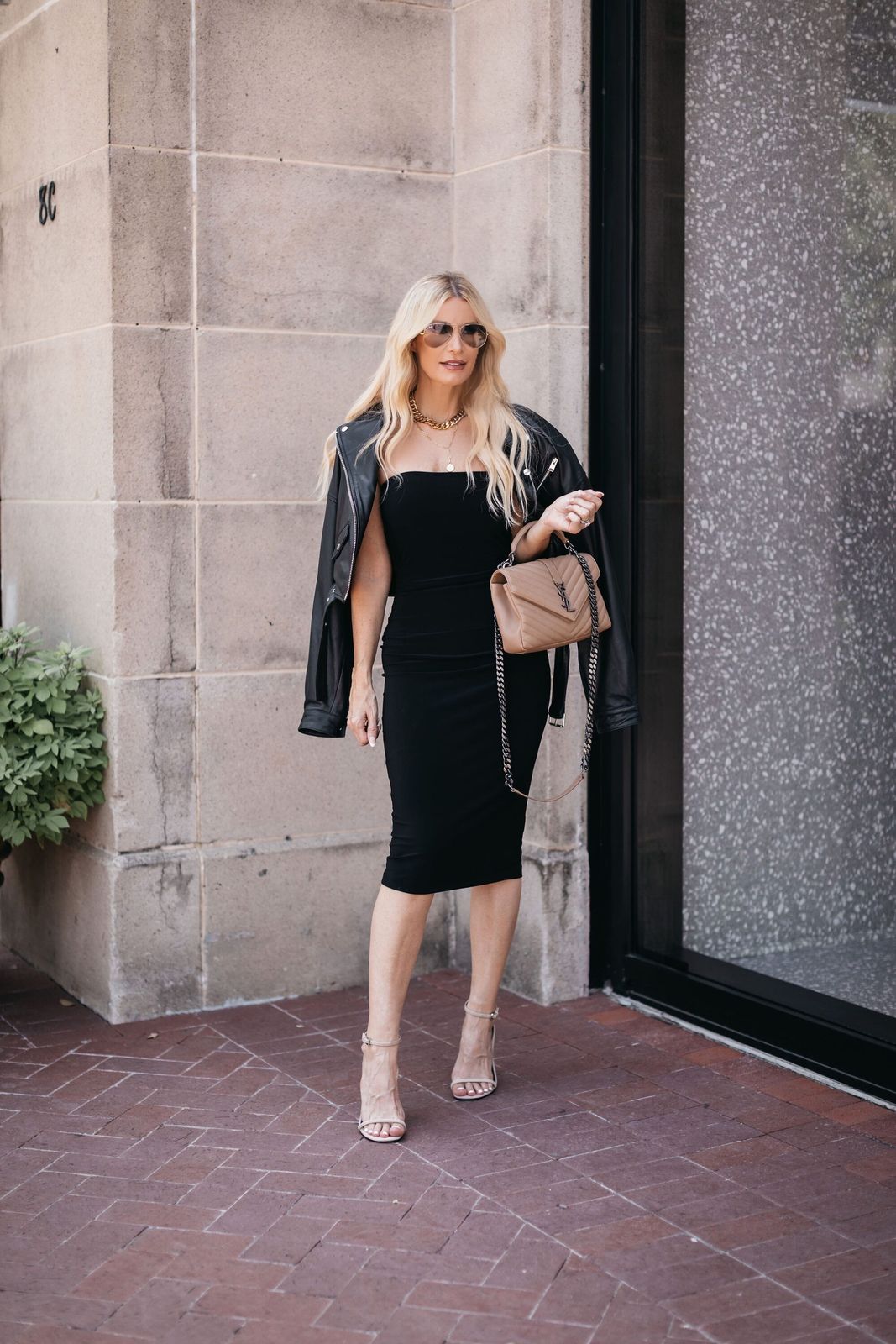 Daytime Smart Casual Fitted Black Midi Dress with Draped Leather Jacket Daytime Smart Casual Fitted Black Midi Dress with Draped Leather Jacket — Little Black Dress Outfits 2027