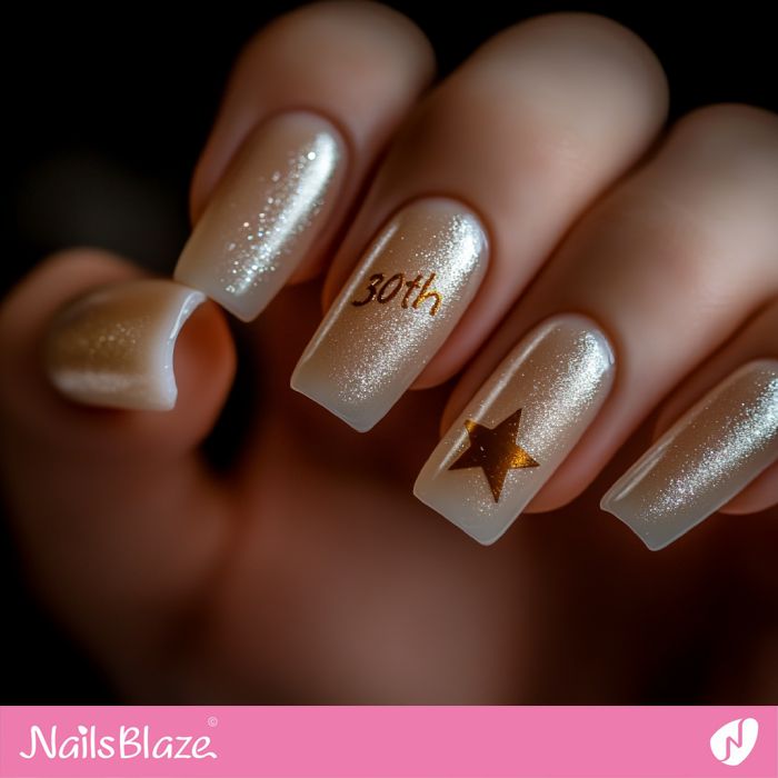 Pearlescent Shimmer Medium Square with Gold '30th' — 30th Birthday Nails 2027