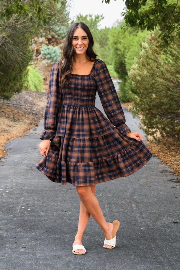 Navy and Rust Plaid Dress with Smocked Bodice — Sip and See Outfits 2027