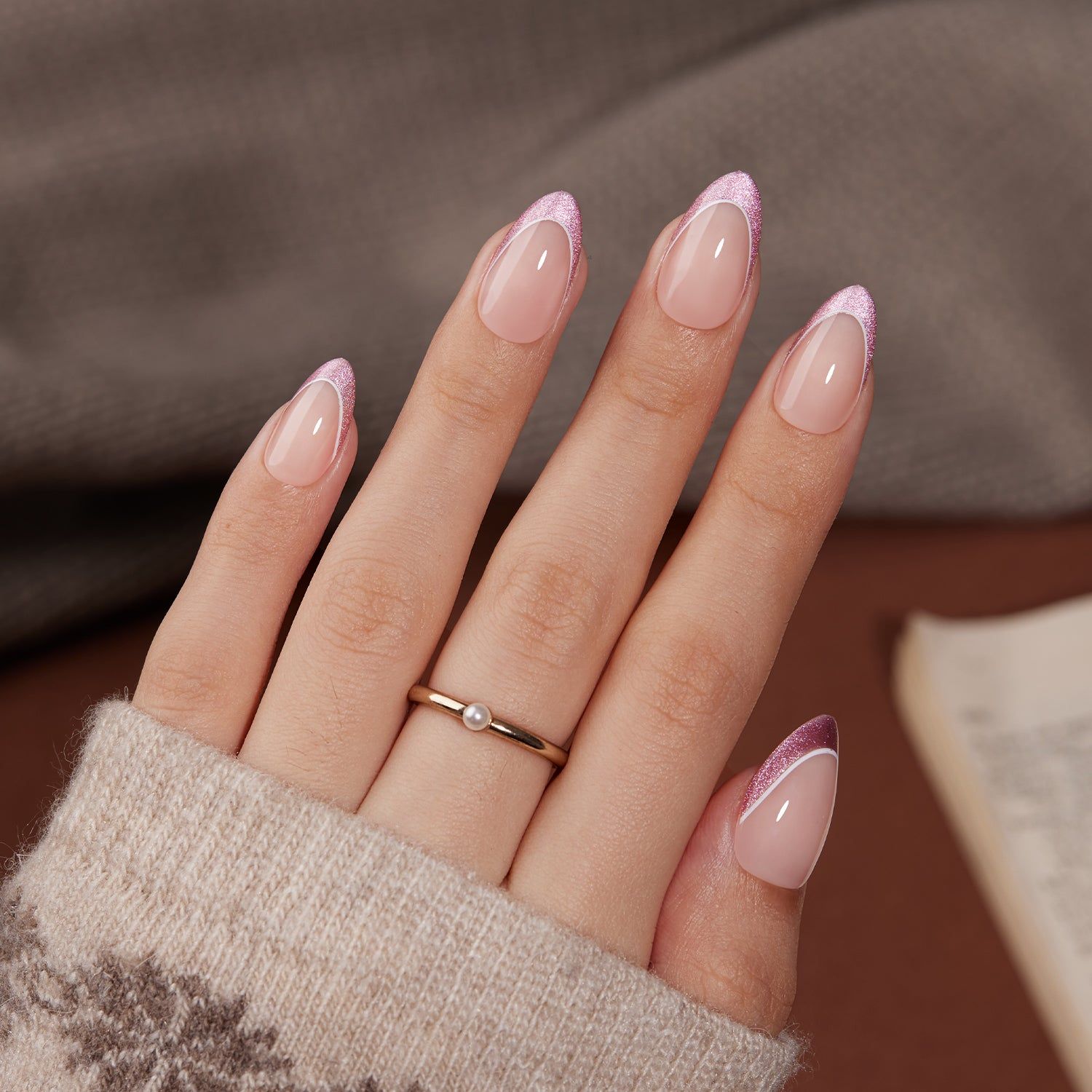 Nude Base with Pink Glitter Tips — Lavender Wedding Nails 2027