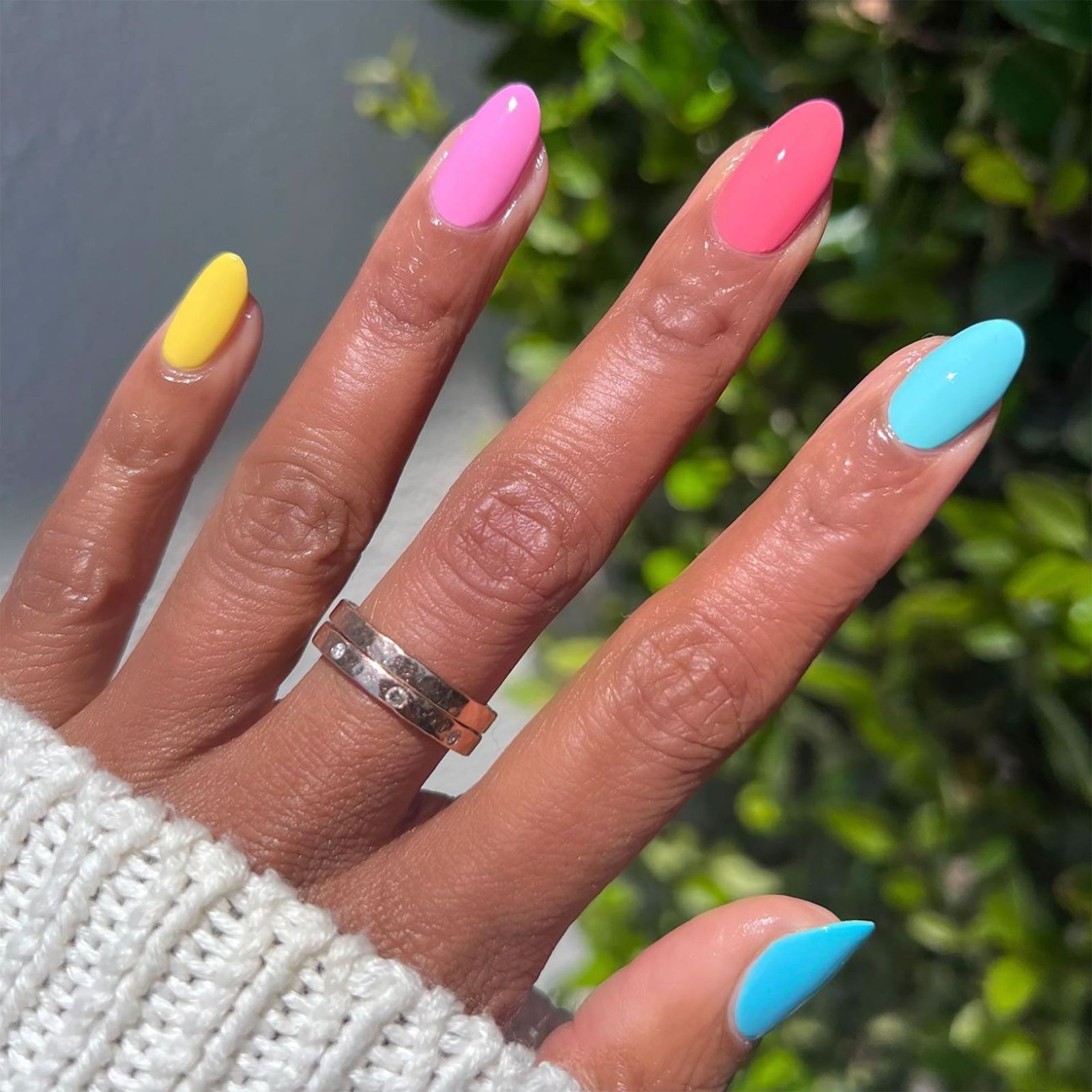 Medium Almond Vibrant Color Block Glossy Medium Almond Vibrant Color Block Glossy — Different Color Each Nail 2027