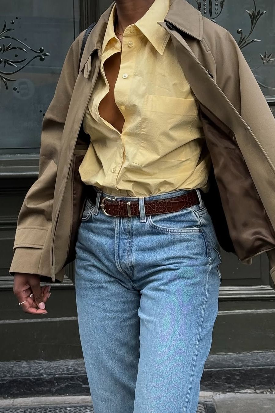 Beige Trench Coat with Light Yellow Shirt and Jeans — Beige Spring Outfits 2027