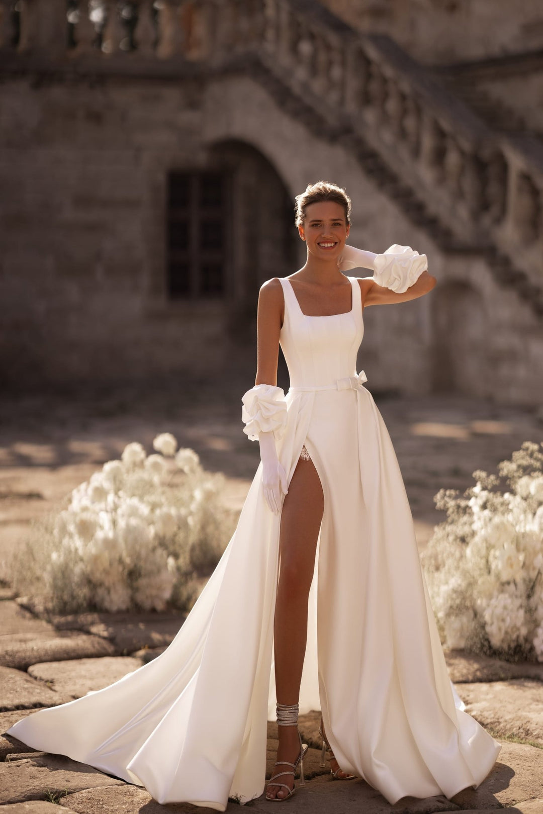 Ivory Satin A-Line Wedding Dress with High Slit and Opera Gloves Ivory Satin A-Line Wedding Dress with High Slit and Opera Gloves — Square Neck Wedding Dresses 2027