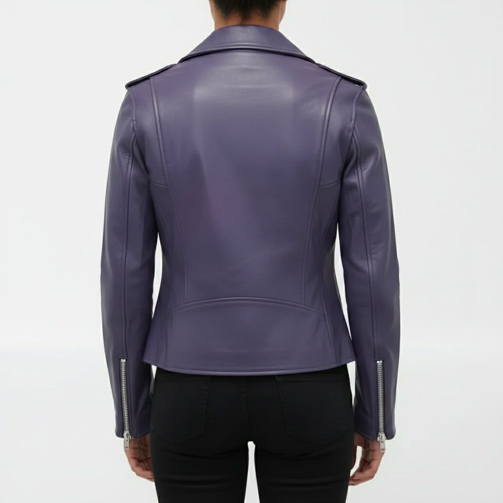 Sleek Purple Leather Biker Jacket with Slim Trousers Sleek Purple Leather Biker Jacket with Slim Trousers — Purple Leather Outfits 2027