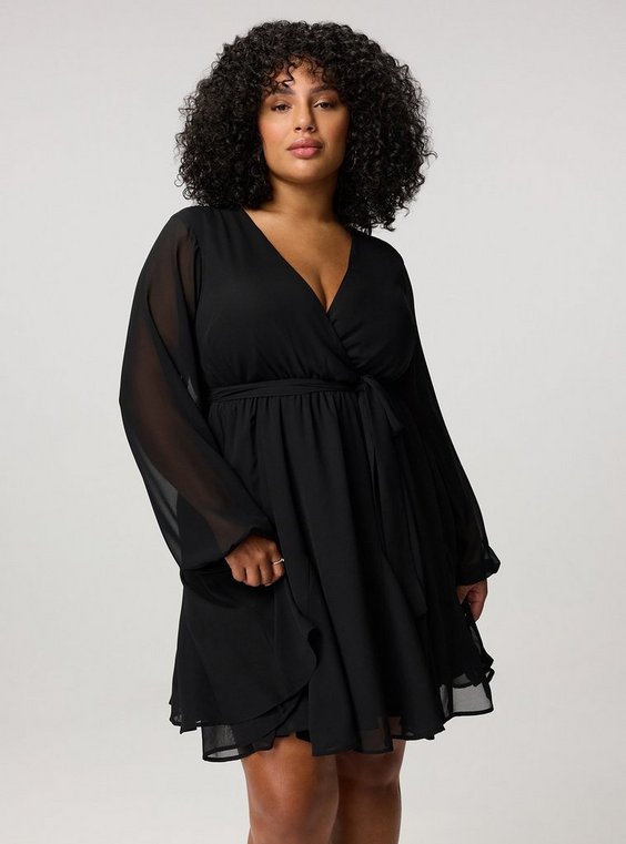 Black Chiffon Wrap Dress with Sheer Sleeves Black Chiffon Wrap Dress with Sheer Sleeves — Plus Size Wedding Guest Outfits 2027