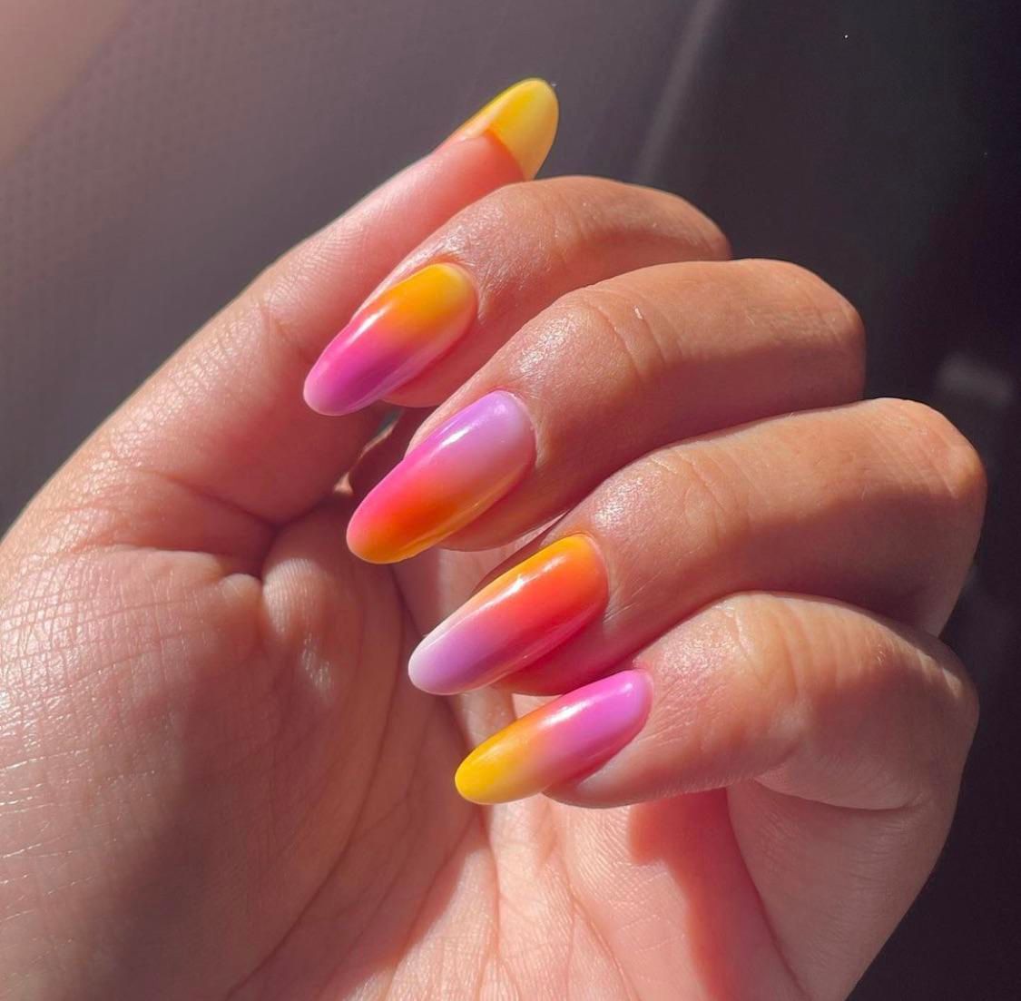 Yellow Pink Purple Sunset Gradient Almond Yellow Pink Purple Sunset Gradient Almond — Airbrush Nails 2027