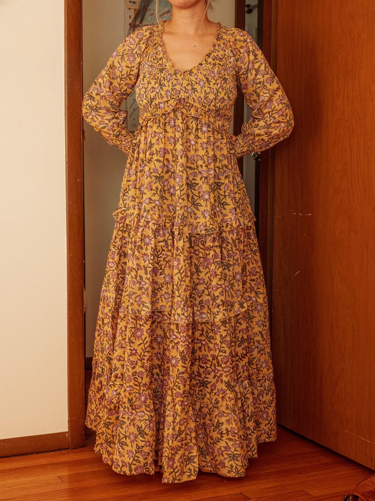 Yellow Floral Midi Dress with Tiered Skirt and Smocked Cuffs Yellow Floral Midi Dress with Tiered Skirt and Smocked Cuffs — Midi Dresses 2027 for Nursing Moms