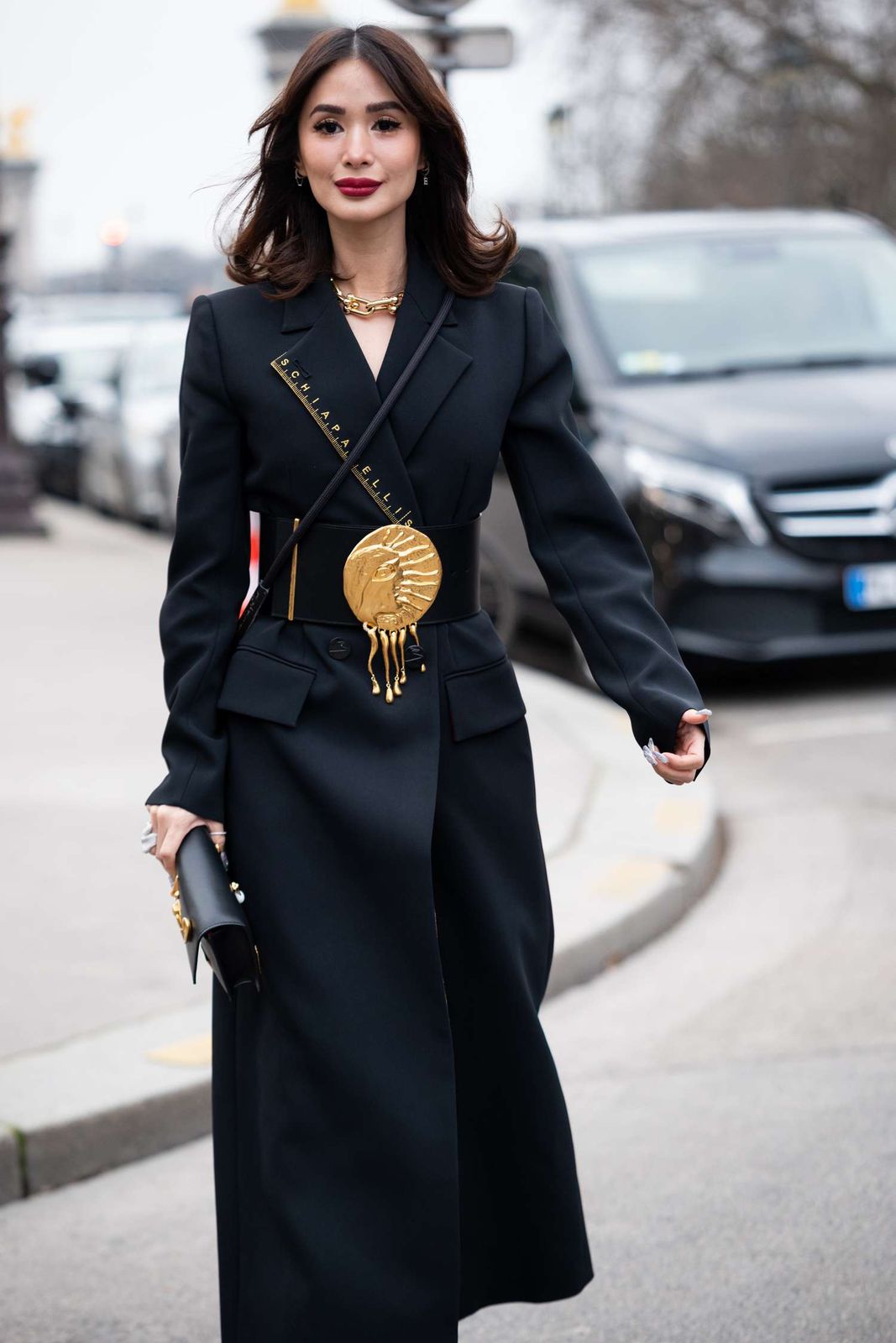 Dramatic Black Blazer Dress with Sun Embellishment Belt Dramatic Black Blazer Dress with Sun Embellishment Belt — Statement Belt Outfits 2027