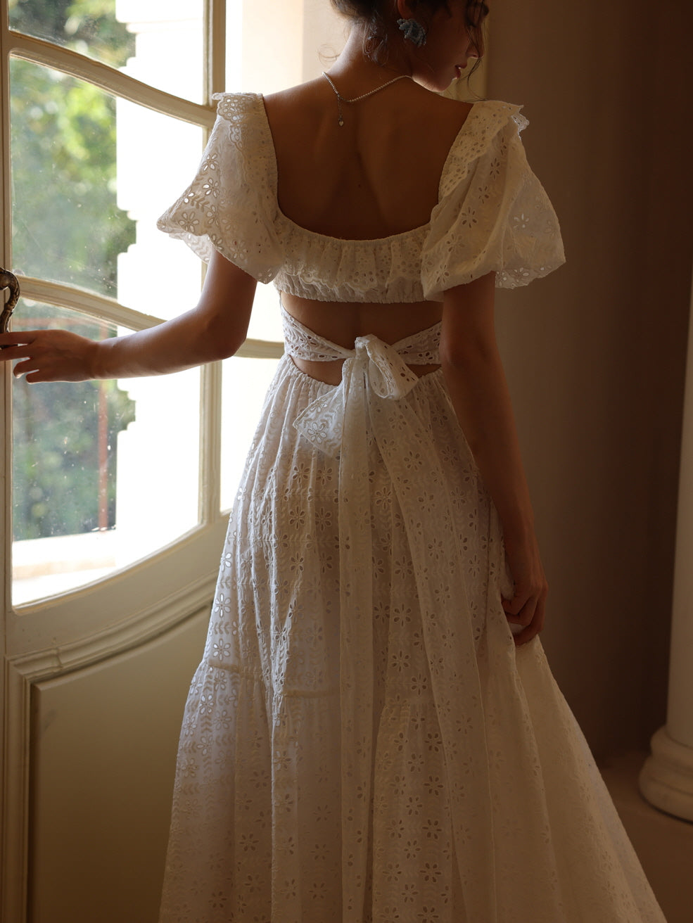 White Cotton Eyelet Dress with Romantic Bow Tie Back White Cotton Eyelet Dress with Romantic Bow Tie Back — Bows and Lace Outfits 2027