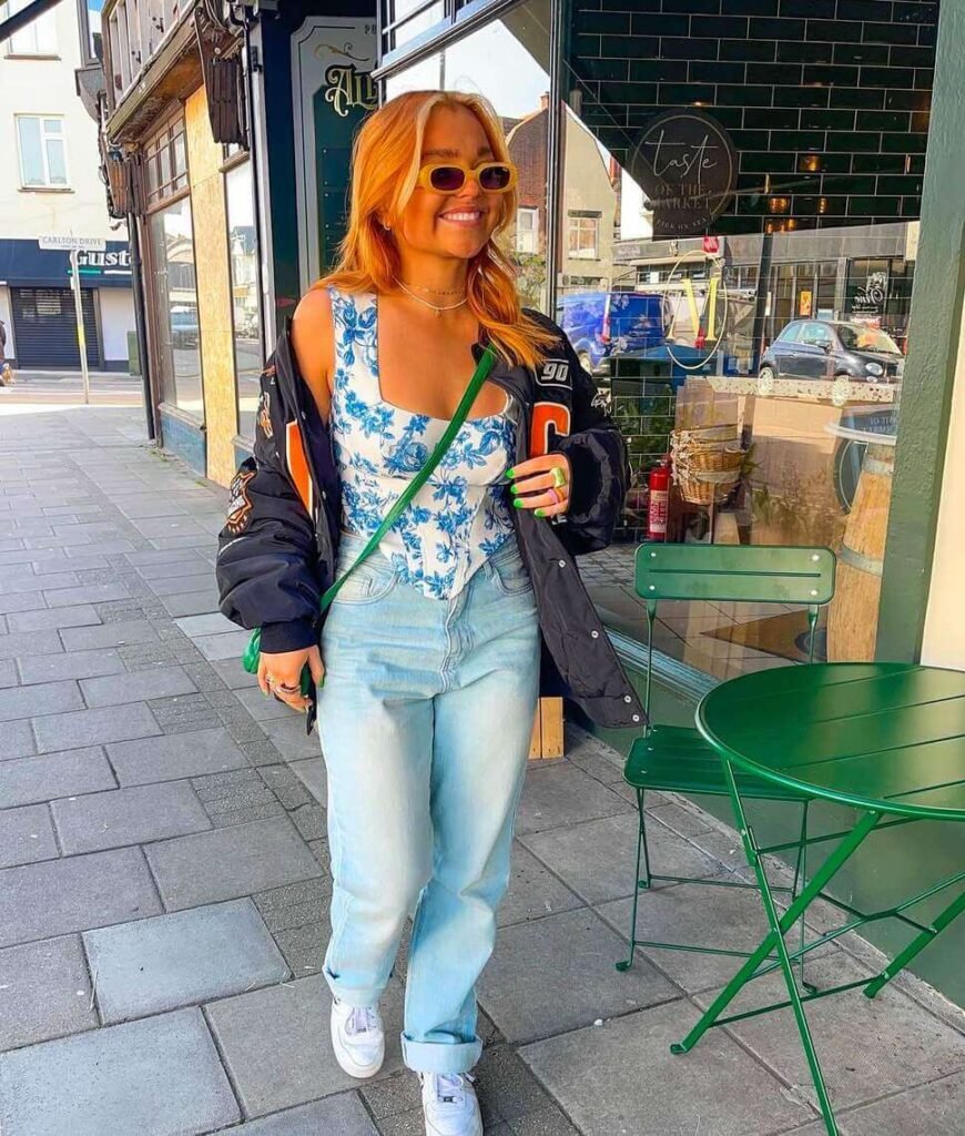 Floral Corset Top with Bomber Jacket and Crossbody Bag — Y2K Outfits 2027