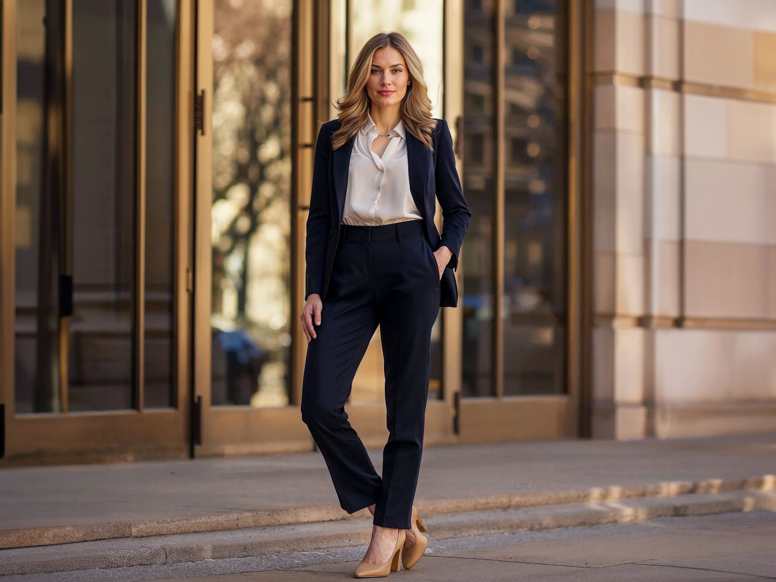 Classic Navy Tailored Suit with White Silk Blouse for Quintessential Office Style Classic Navy Tailored Suit with White Silk Blouse for Quintessential Office Style — Tech Office Outfits 2027