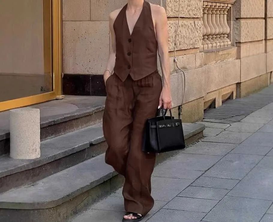 Rich Brown Linen Vest and Wide-Leg Pants for Sophisticated Casual Rich Brown Linen Vest and Wide-Leg Pants for Sophisticated Casual — Summer Two Piece Set Outfits 2027
