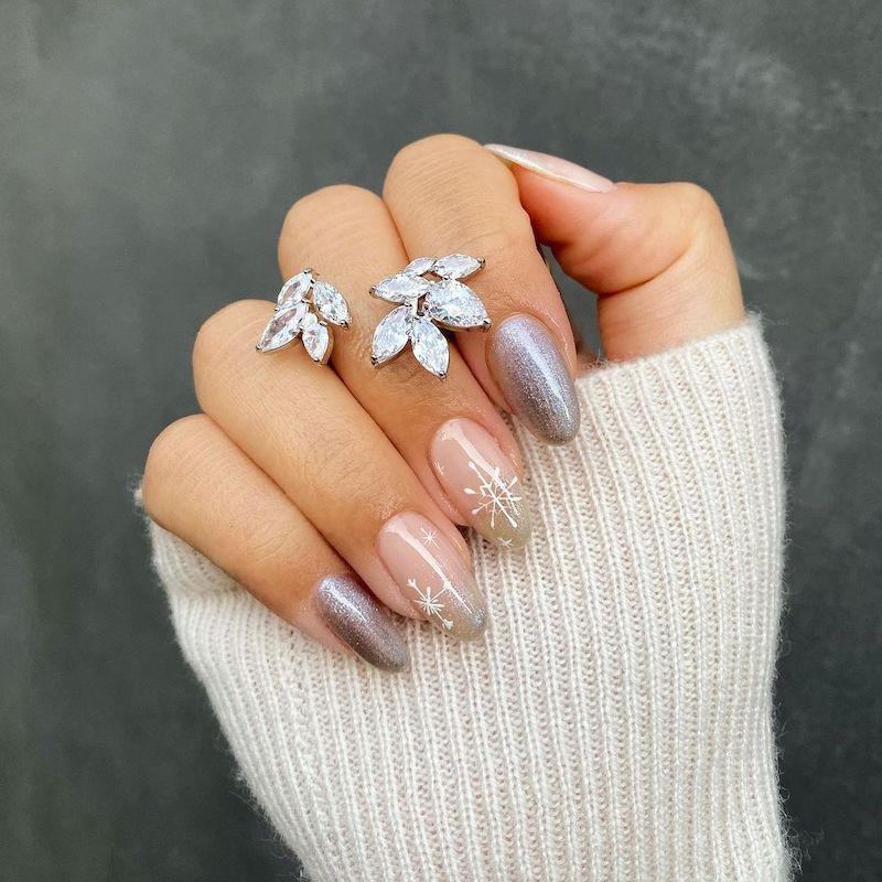Nude Glitter Gradient with Snowflake Art Nude Glitter Gradient with Snowflake Art — Winter Formal Nails 2027