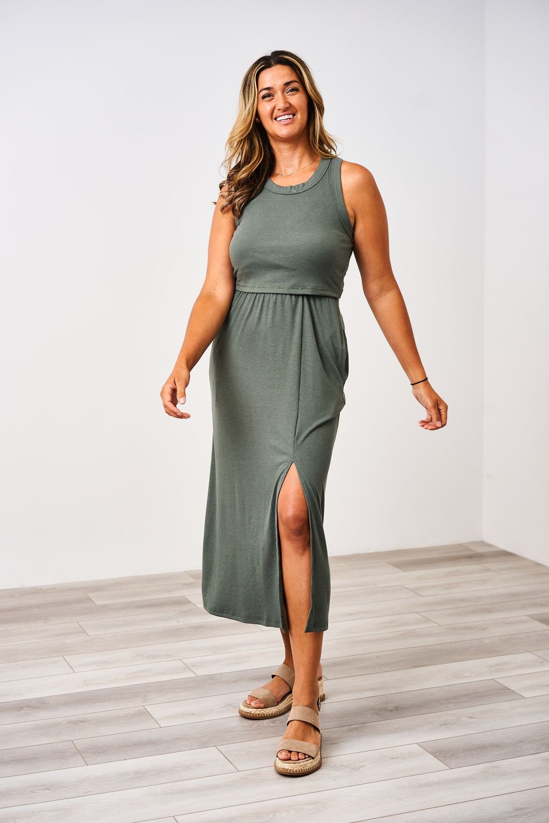 Olive Green Ribbed Midi Dress with Side Slit and Wedges Olive Green Ribbed Midi Dress with Side Slit and Wedges — Midi Dresses 2027 for Nursing Moms