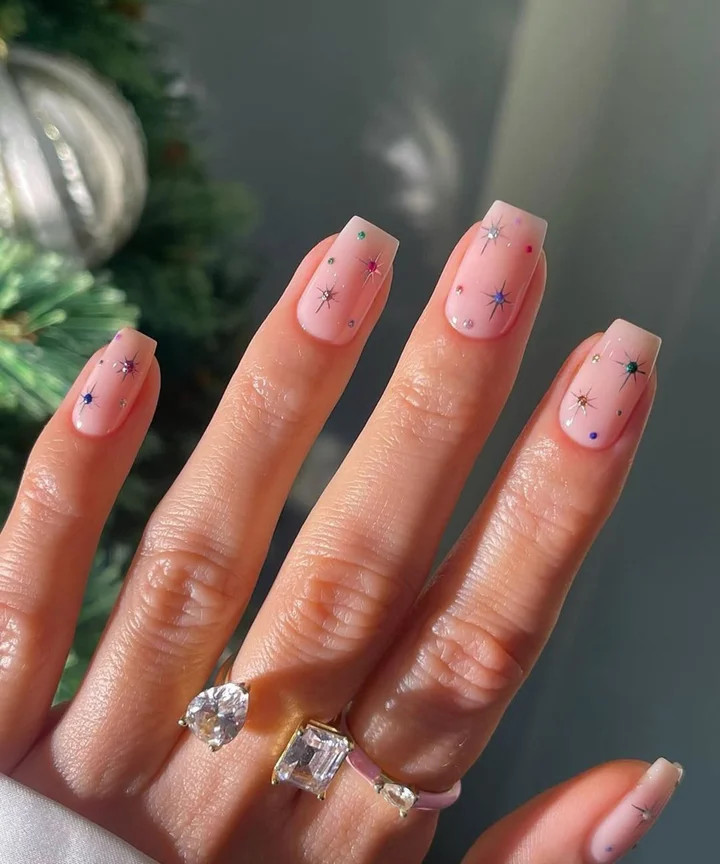 Pink with Star Glitter and Colorful Rhinestones Pink with Star Glitter and Colorful Rhinestones — Short New Years Nails 2027