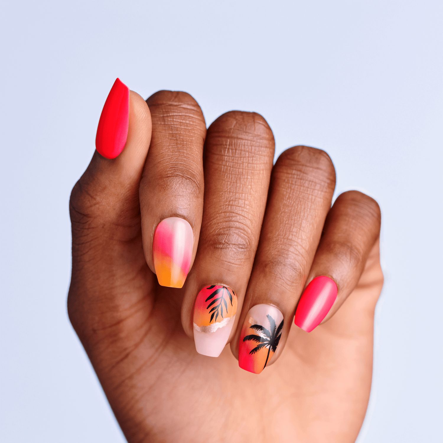 Coral Gradient with Palm Tree Sunset Art — Coral Coffin Nails 2027