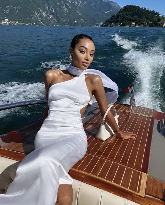 White Satin One-Shoulder Dress with Scarf Detail White Satin One-Shoulder Dress with Scarf Detail — Yacht Outfits 2027