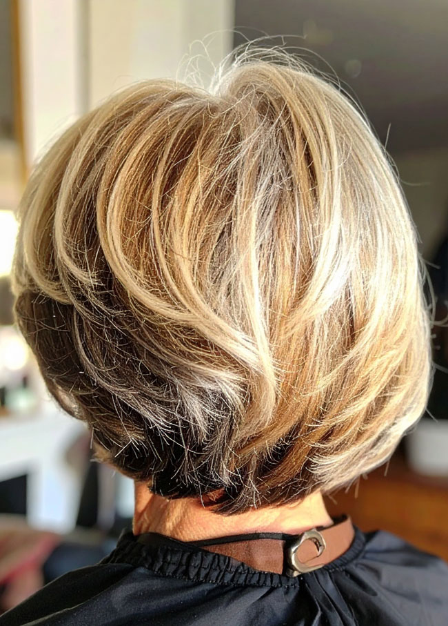 Layered Ash Blonde Chin Bob Back View — Hair Color 2027 for Women Over 60
