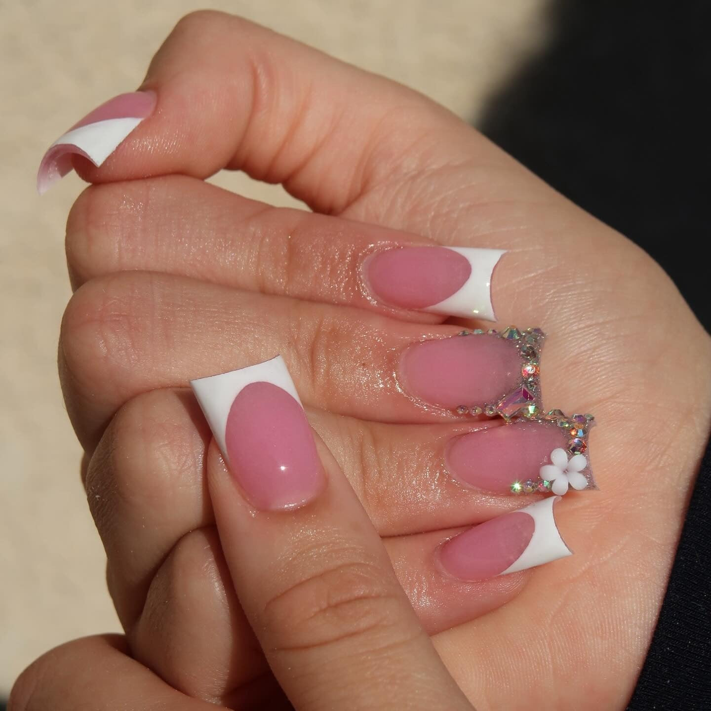 Medium Square Pink French with Rhinestone Accents Medium Square Pink French with Rhinestone Accents — Pink Duck Nails 2027