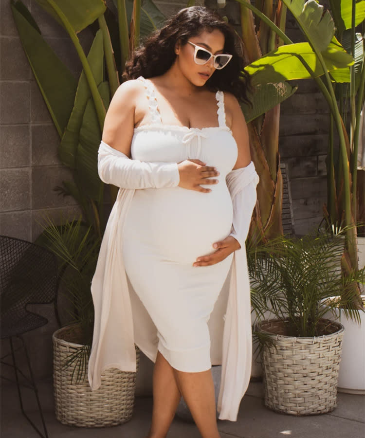 White Knit Midi Dress with Ruffled Straps and Cardigan Layer White Knit Midi Dress with Ruffled Straps and Cardigan Layer — Maternity Dresses 2027