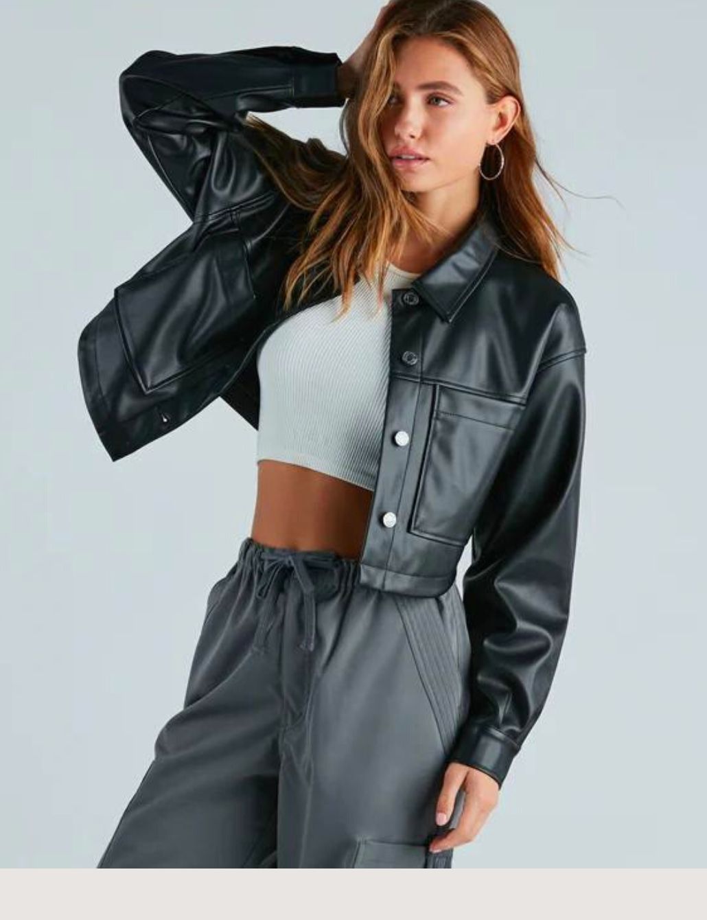 Grey Cargo Pants with Faux Leather Jacket and Lace-Up Boots Grey Cargo Pants with Faux Leather Jacket and Lace-Up Boots — Cargo Pants Outfits 2027