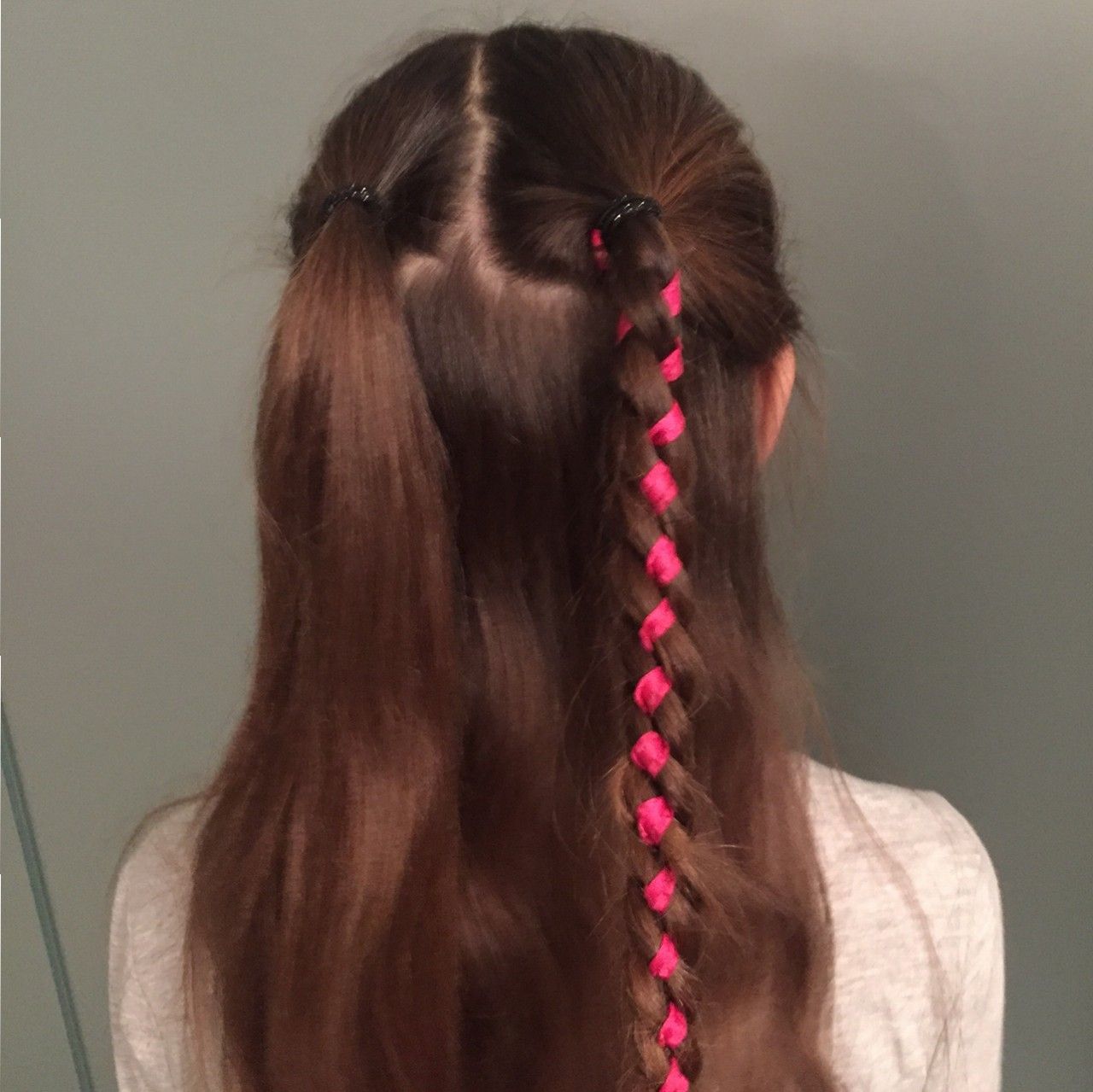 Brunette Braid With Woven Pink Ribbon — Ribbons Little Girl Hairstyles 2027