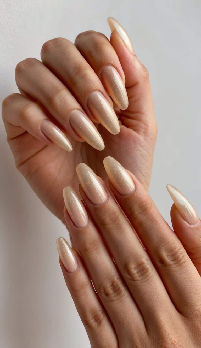 Pale Gold Full Glitter Almond Nails Pale Gold Full Glitter Almond Nails — Champagne Nails 2027