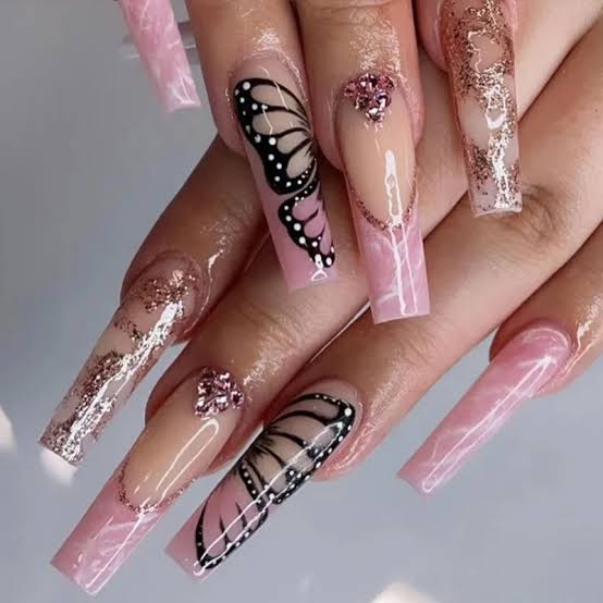 Sheer Pink with Butterfly Decals and Marble — Long Coffin Nails 2027