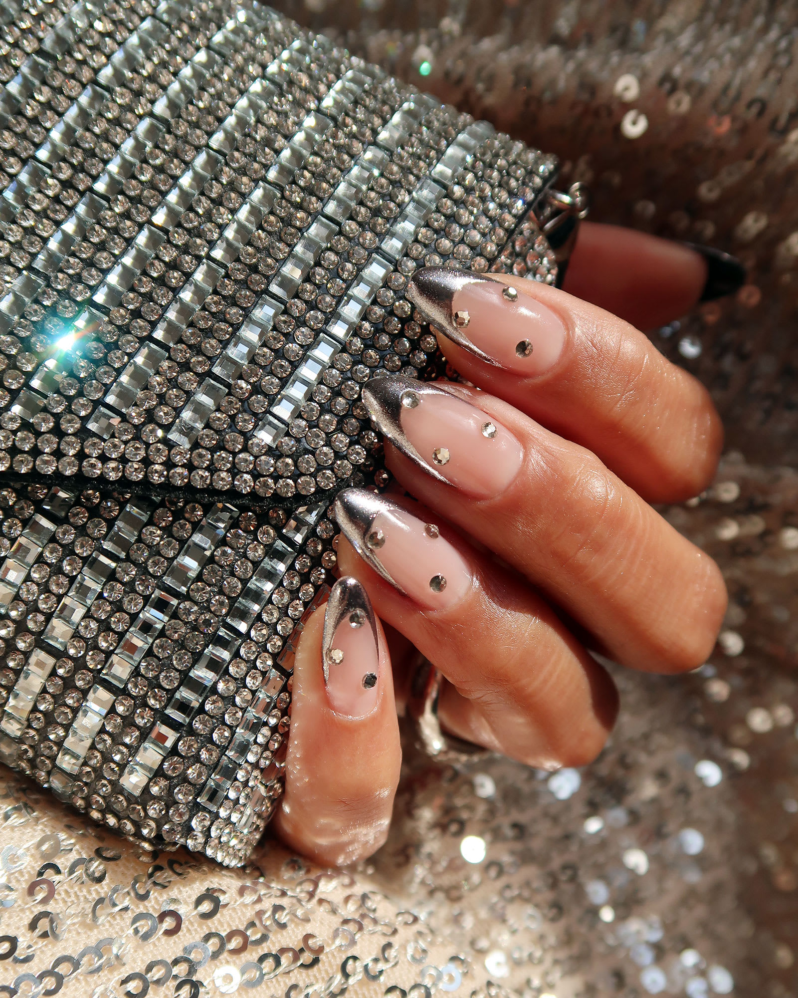 Silver Chrome French Tips with Rhinestones Silver Chrome French Tips with Rhinestones — Silver Nails 2027