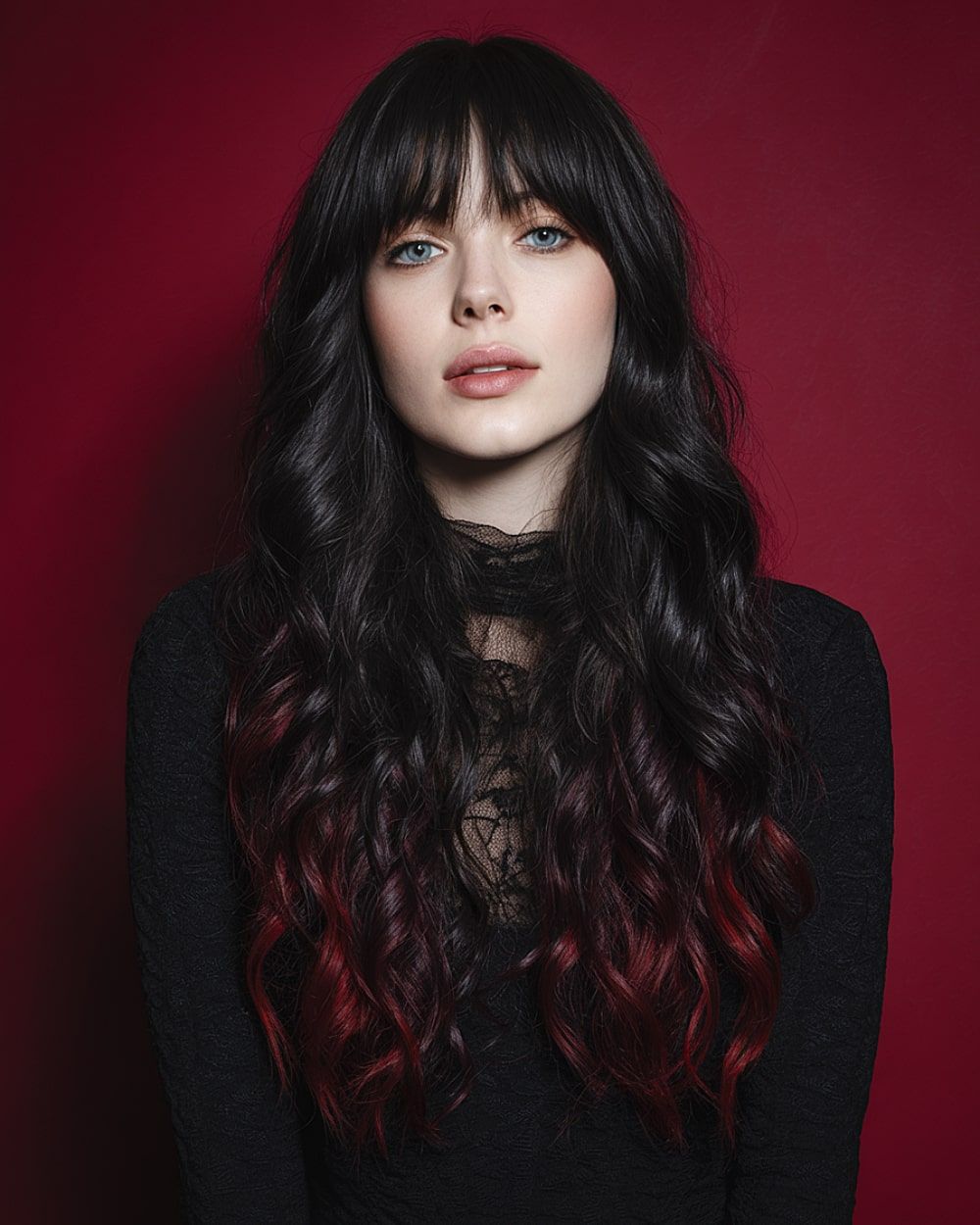 Black To Burgundy Ombre On Long Waves Black To Burgundy Ombre On Long Waves — Goth Hair Color 2027
