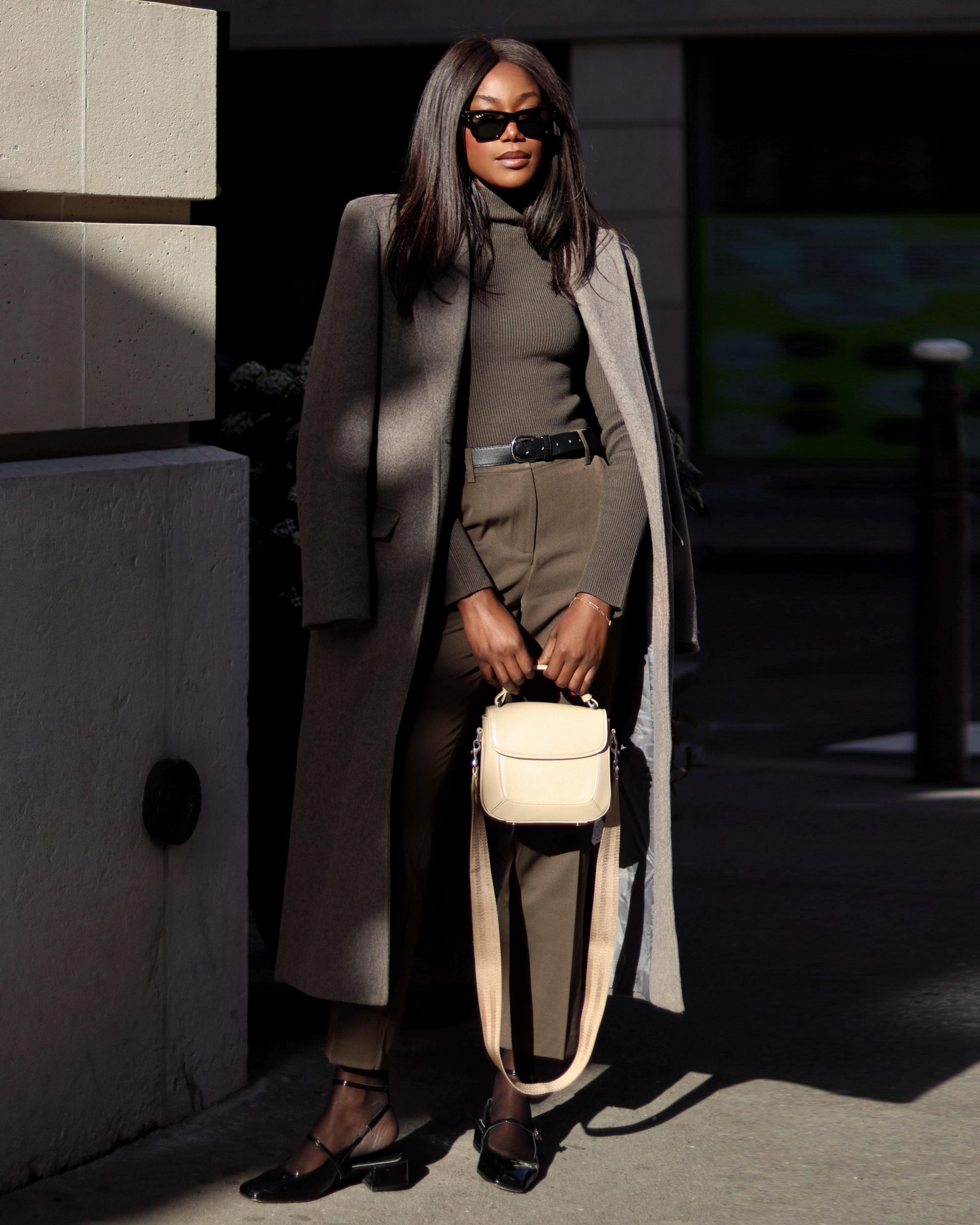 Monochromatic Grey Coat and Olive Green Layers Monochromatic Grey Coat and Olive Green Layers — Winter Outfits 2027 with Long Coat