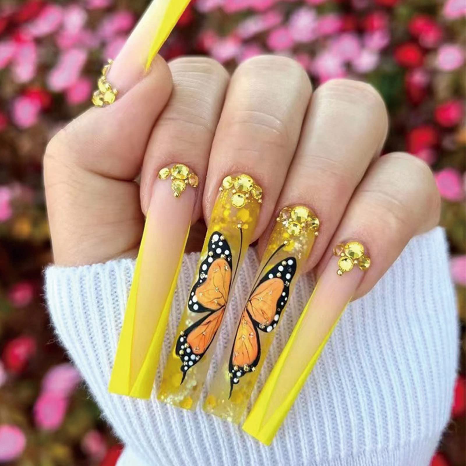 Extra Long Yellow Orange Butterfly Nails Extra Long Yellow Orange Butterfly Nails — Long Butterfly Coffin Nails 2027