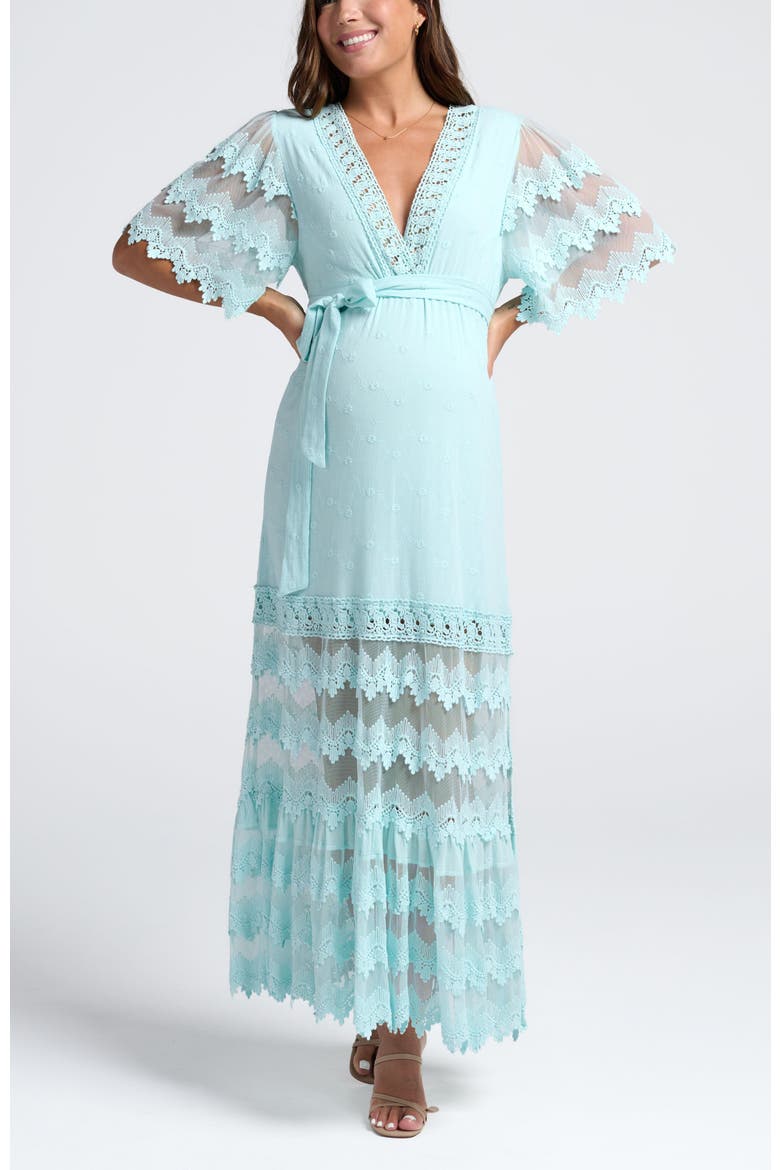 Elegant Pale Sky Blue Lace Maxi Dress with Bell Sleeves — Baby Shower Outfits 2027