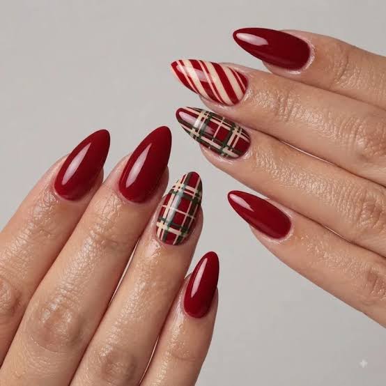 Festive Stilettos with Plaid and Stripes Festive Stilettos with Plaid and Stripes — Christmas Acrylic Nails 2026
