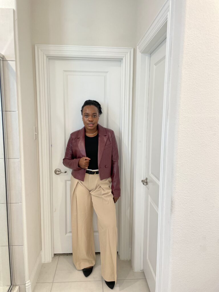 Burgundy Faux Leather Jacket and Beige Trousers Burgundy Faux Leather Jacket and Beige Trousers — Casual Work Outfits 2027