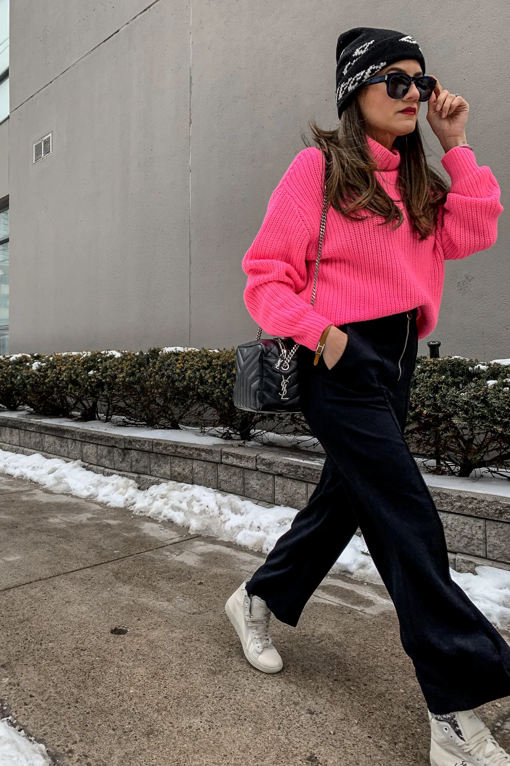 Casual Chic: Hot Pink Turtleneck and Black Trousers — Neon Outfits 2027
