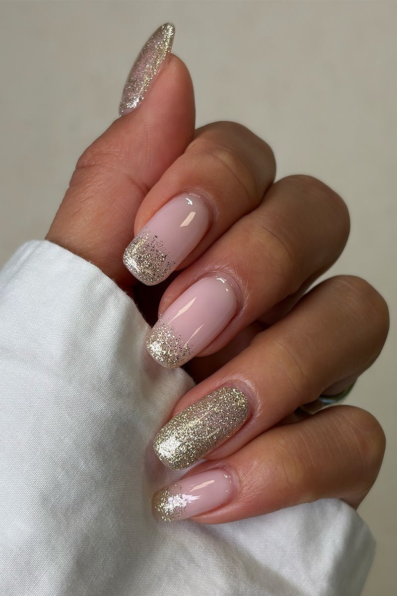 Glossy With Fine Gold Glitter Sheer Pink Gold Glitter French — Sparkly Prom Nails 2027
