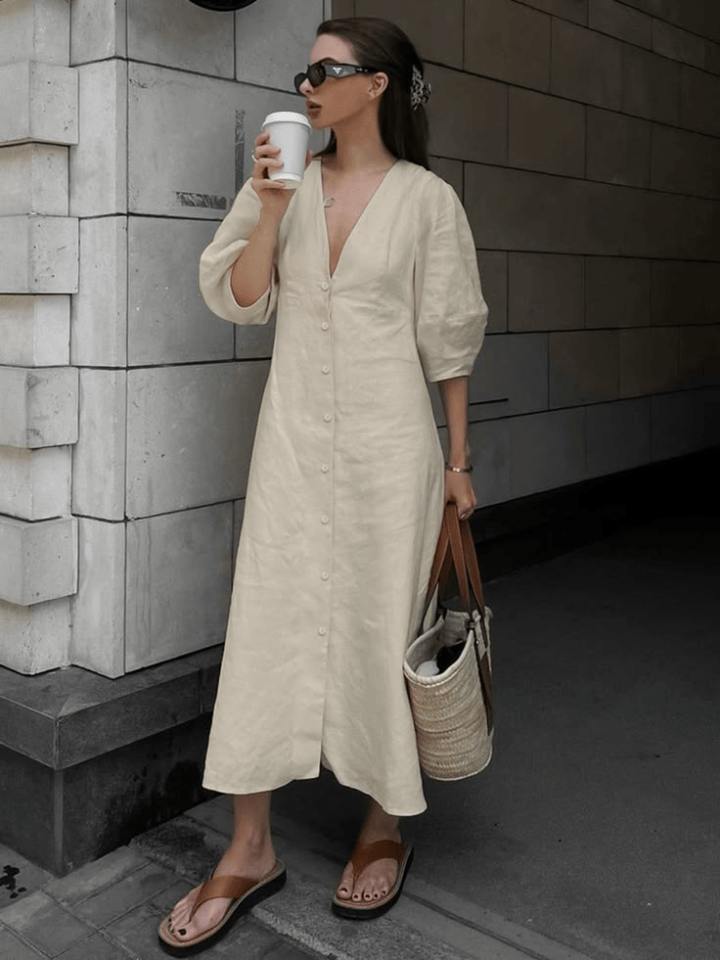 Beige Linen Midi Dress with Puff Sleeves Beige Linen Midi Dress with Puff Sleeves — Casual Dresses 2027