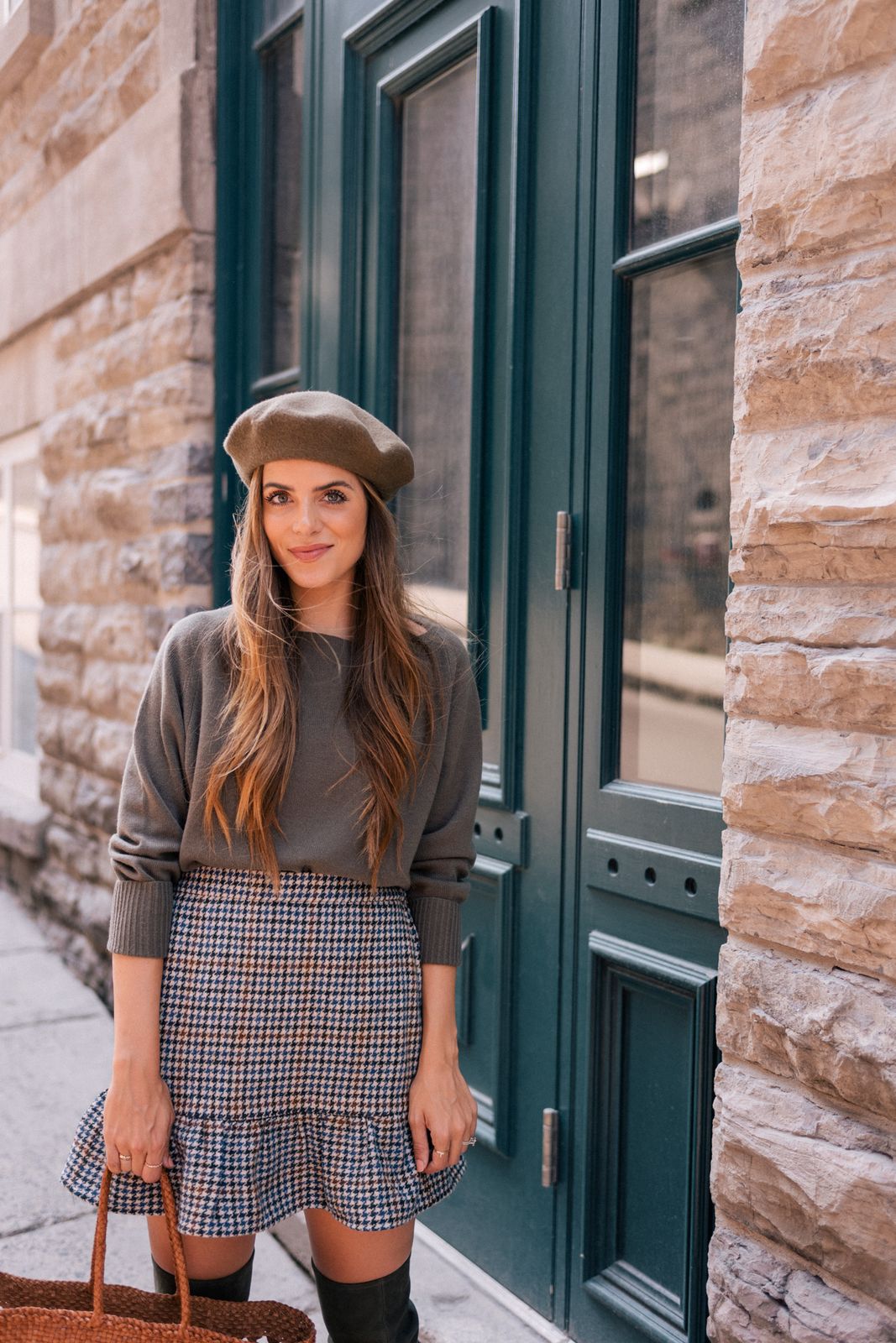 Houndstooth Mini Skirt with Ruffled Hem and Green Boots Houndstooth Mini Skirt with Ruffled Hem and Green Boots — Plaid Mini Skirt Outfits 2027