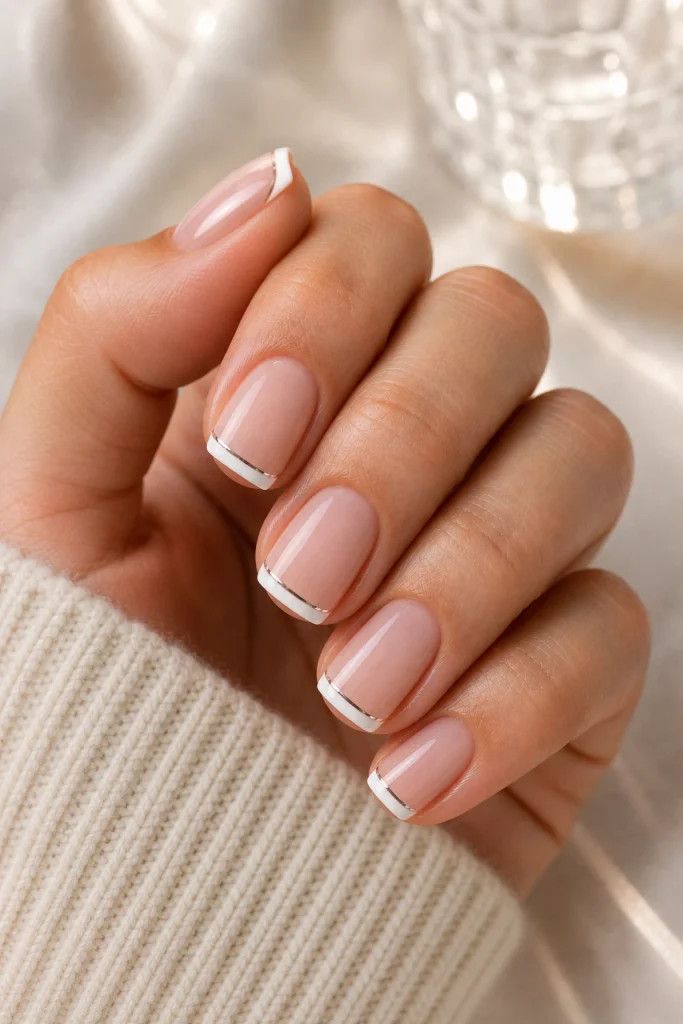 Nude French Tips with Silver Line Accent Nude French Tips with Silver Line Accent — French Tip Nails 2027 for Short Fingers