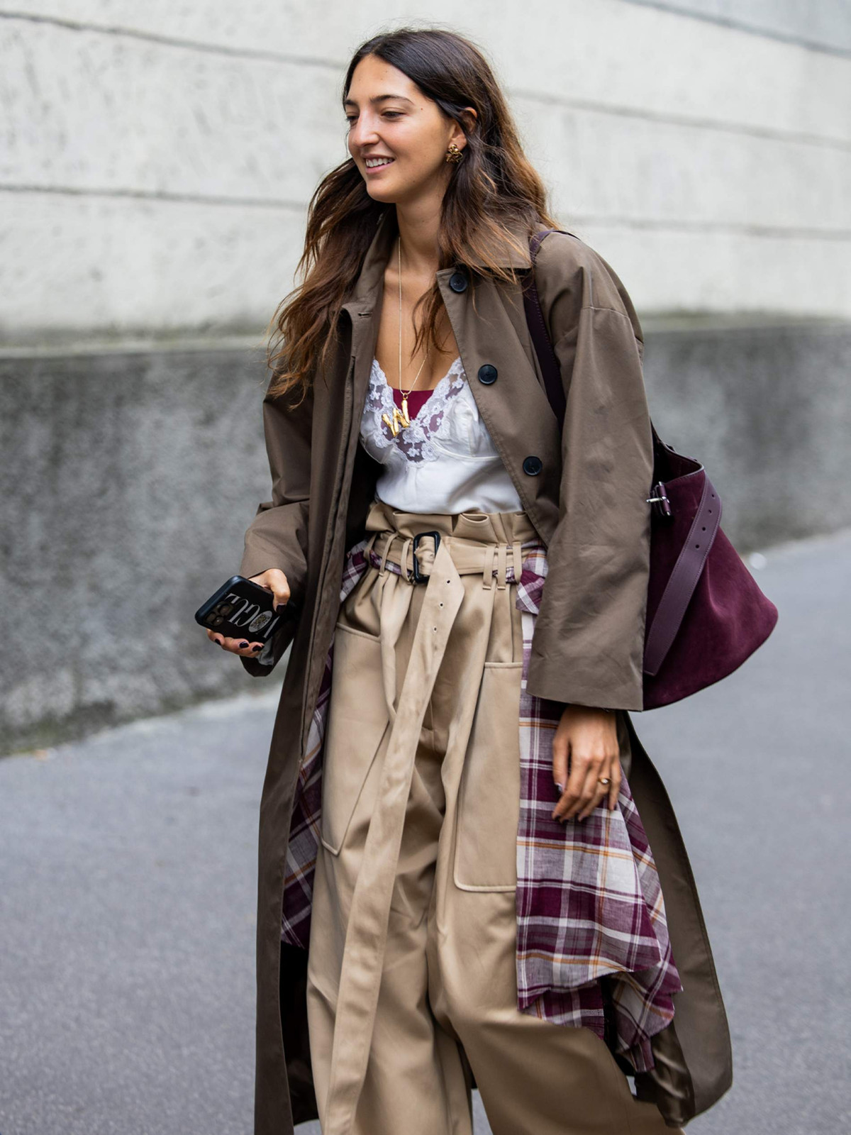 Trench Coat Layered Over Plaid Shirt and Camisole Trench Coat Layered Over Plaid Shirt and Camisole — Chilly Spring Outfits 2027