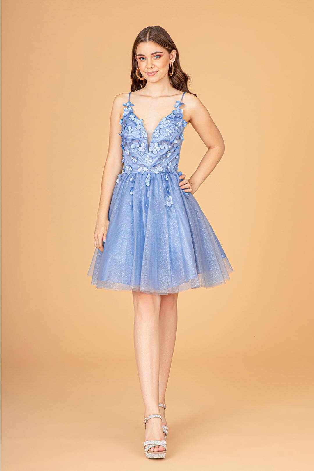Smoky Blue Glitter Tulle Mini Dress with 3D Floral Bodice and Straps — 3D Floral Outfits 2027