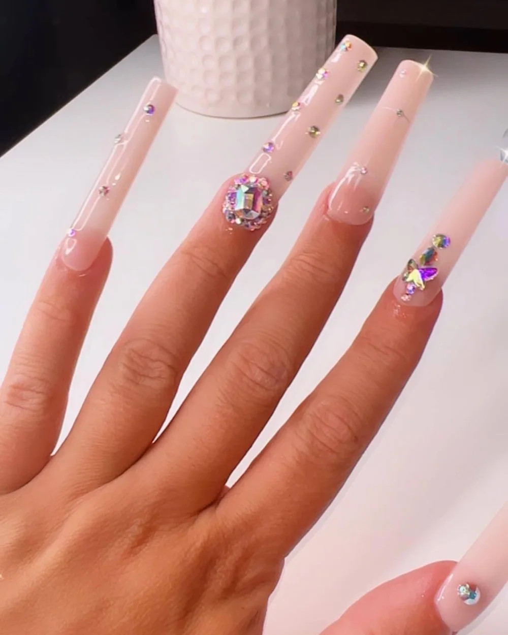 Extra-Long Coffin Rhinestone Cluster Nails Extra-Long Coffin Rhinestone Cluster Nails — Crystal Rhinestone Nails 2027