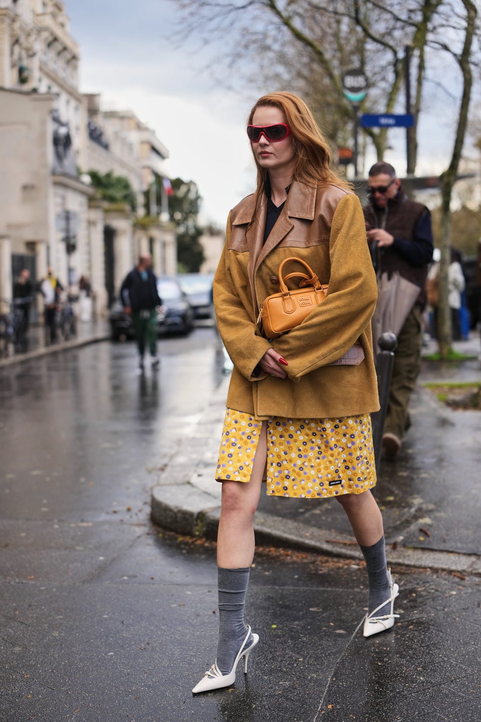 Brown Leather Jacket with Floral Skirt and Mixed Socks — Spring Outfits 2027 for Work