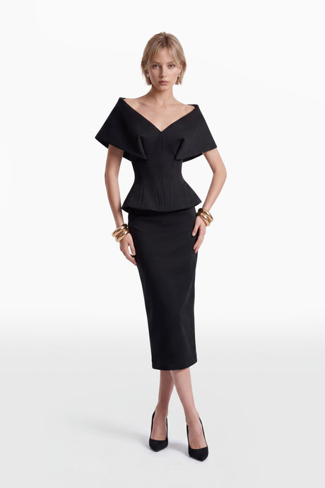 Black Off-Shoulder Top with Structured Sleeves and Pencil Skirt — Off the Shoulder Top Outfits 2027